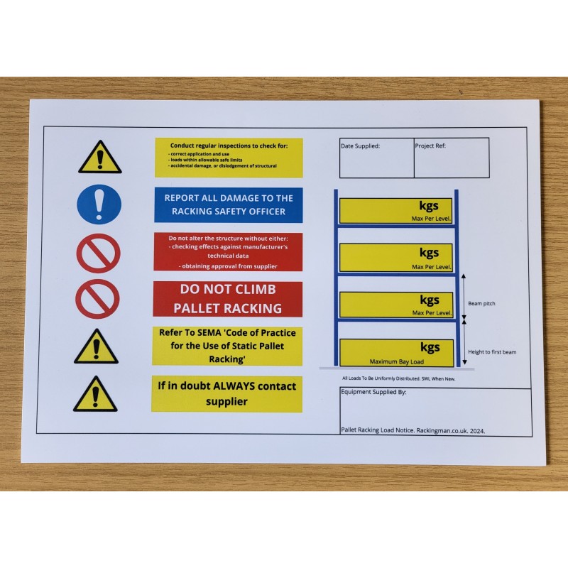 A3 Pallet Racking Loading Notice - 3mm PVC