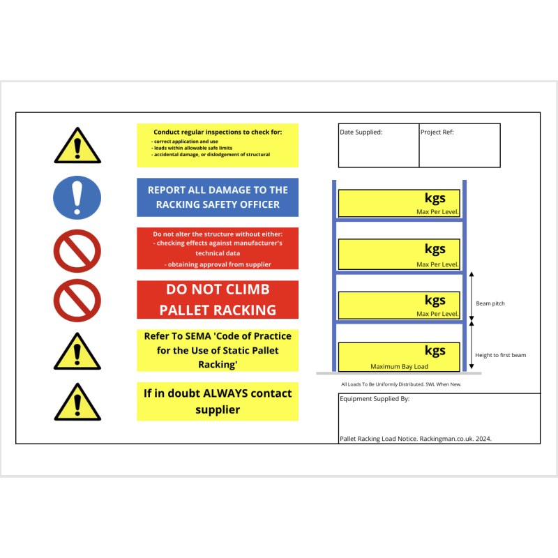 A3 Pallet Racking Load Notice Template.